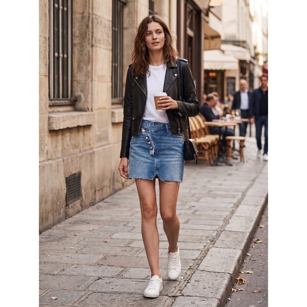 FRAME Ophelia Exposed Button Asymmetric Overlap Denim Mini Skirt 24 - Picture 3 of 13